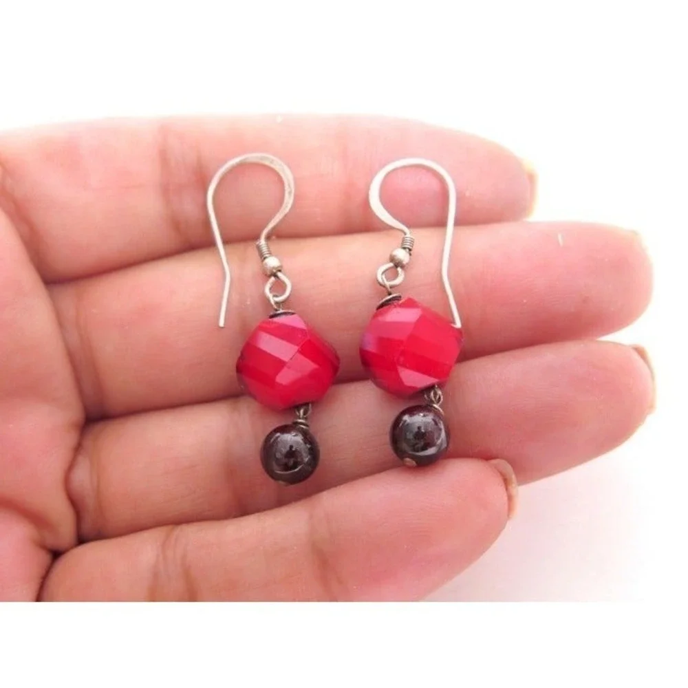 Bright Red Gemstone Sterling Silver‎ Drop  Dangle Earrings